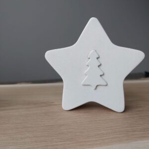 Weisser Betonstern mit eingraviertem Tannenbaum Motiv in der Frontansicht