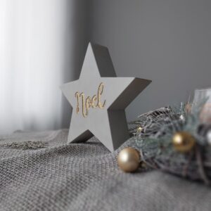Rechtsseitige Ansicht eines Betonsterns mit goldfarbener Noel-Schrift